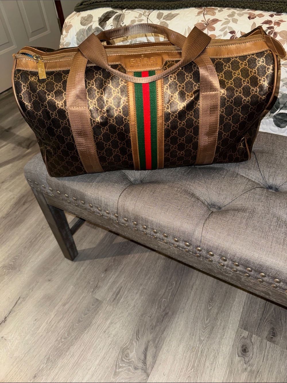 Gucci Brown GG Canvas Travel Duffel with Green and Red Web